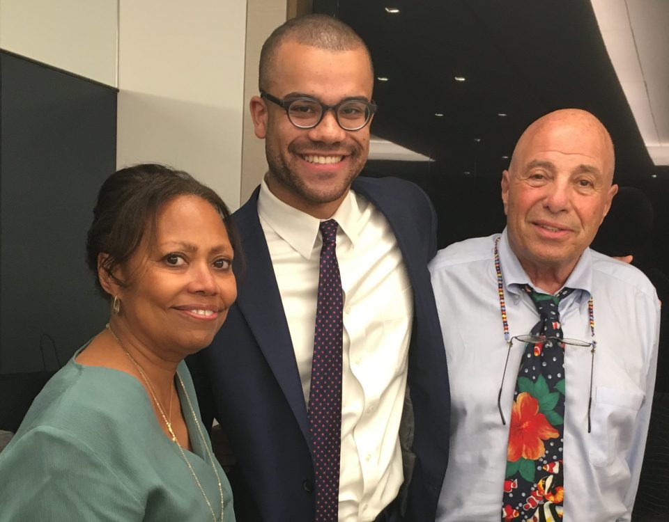 Jackson Kurtz, inaugural recipient of the Leibner-Cooper Fellowship, standing with Crystal Johns and Richard Leibner at United Talent Agency