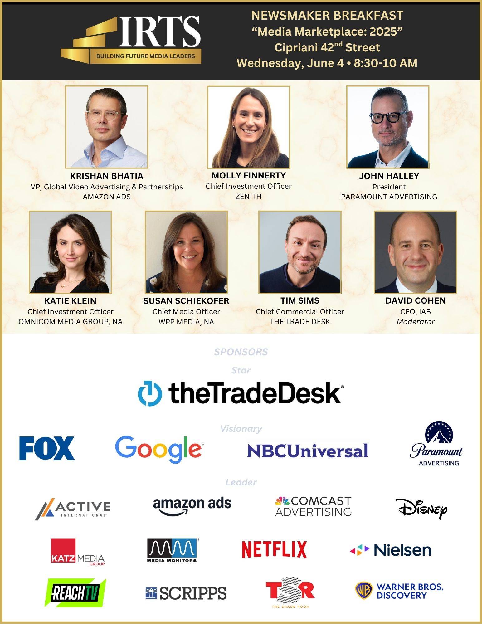 Banner advertising the Newsmaker Breakfast with images of the speakers and sponsor logos.