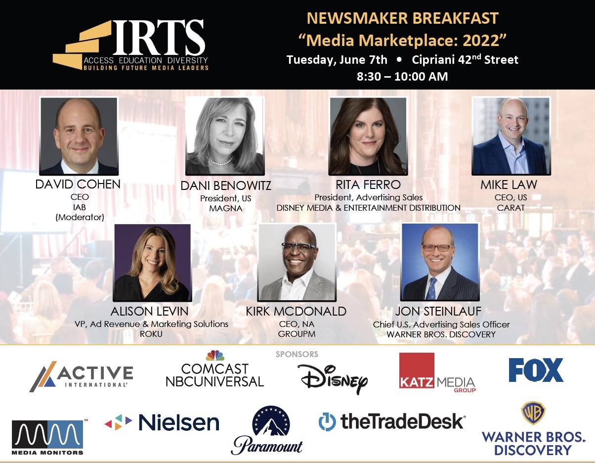 Banner advertising the Newsmaker Breakfast with images of the speakers and sponsor logos.
