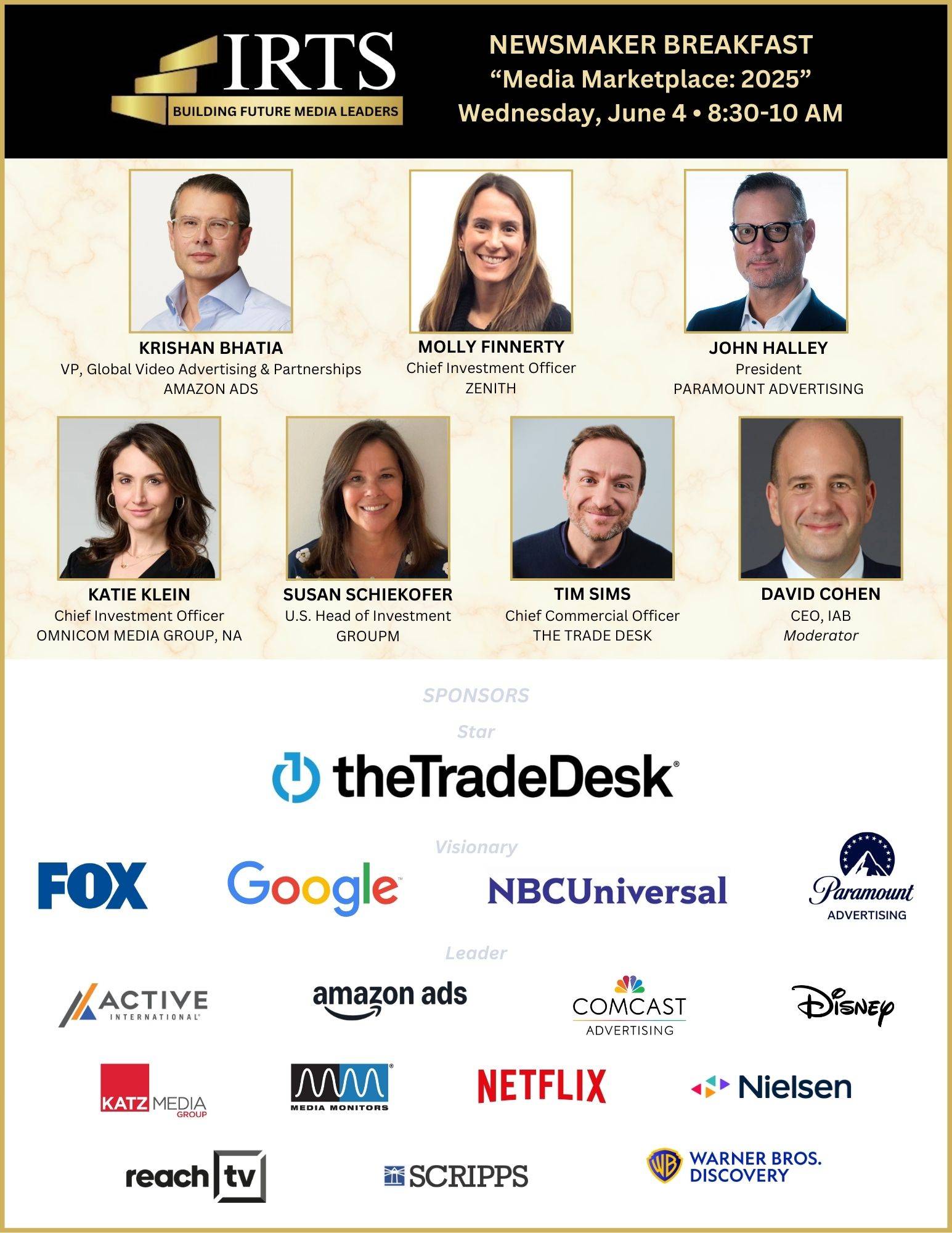 Banner advertising the Newsmaker Breakfast with images of the speakers and sponsor logos.